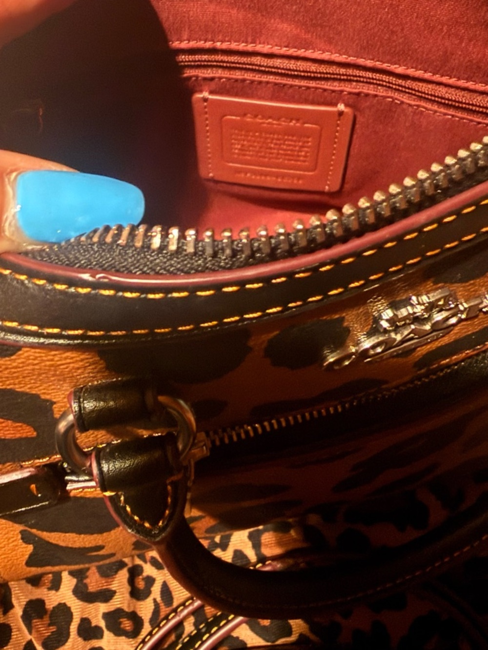 Coach Leopard-Print Leather Satchel - Tan/Black you can use crossbody strap - Picture 4 of 8